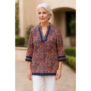 Tina Stephens Colorful Paisley Tunic Top Navy Accents 3/4 Sleeve Medium